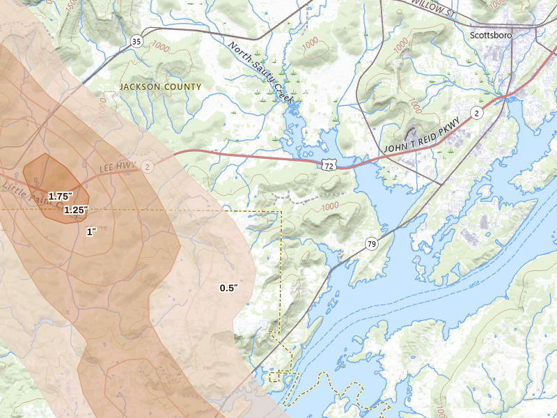 Radar-estimated hail-size map of the storm over Scottsboro, AL on Jun 1, 2026