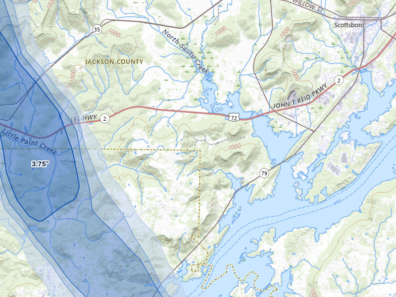 NEXRAD radar-signature map of the hail storm over Scottsboro, AL on Jun 1, 2026