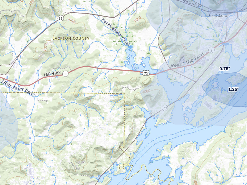 NEXRAD radar-signature map of the hail over Scottsboro, AL