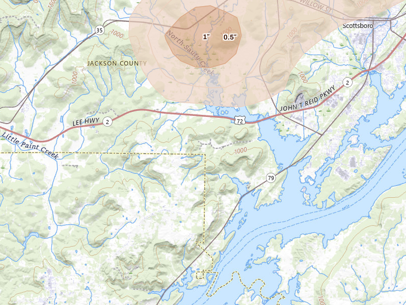 Radar-estimated hail-size map of the storm over Scottsboro, AL on Jul 3, 2026