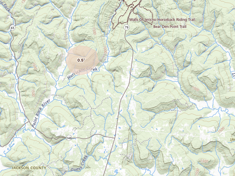 Radar-estimated hail-size map of the storm over Scottsboro, AL on Aug 8, 2026