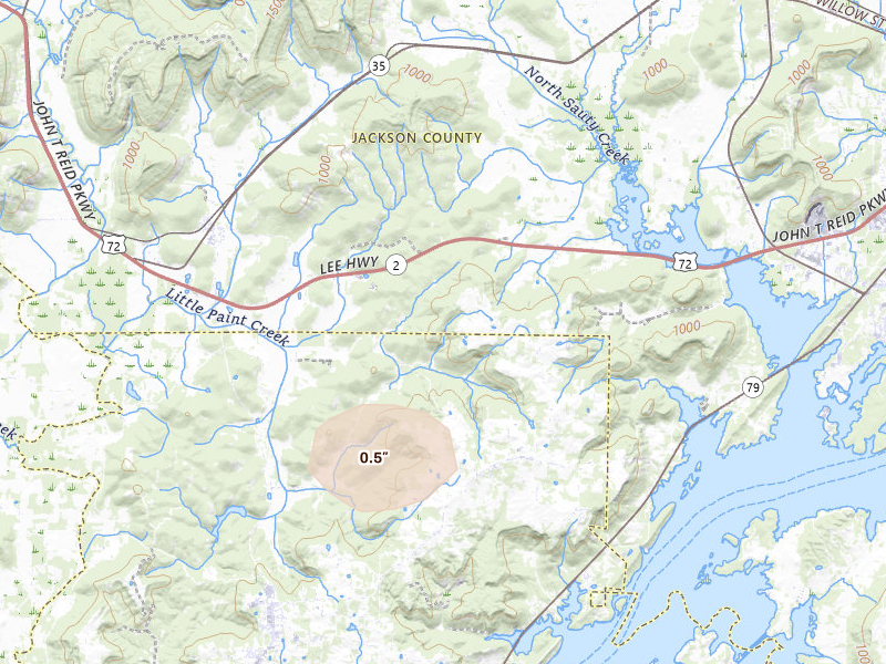 Radar-estimated hail-size map of the storm over Scottsboro, AL on Aug 9, 2026
