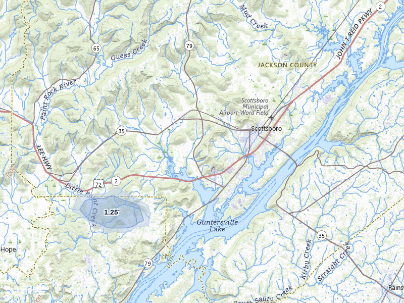 NEXRAD radar-signature map of the hail storm over Scottsboro, AL on Aug 9, 2026