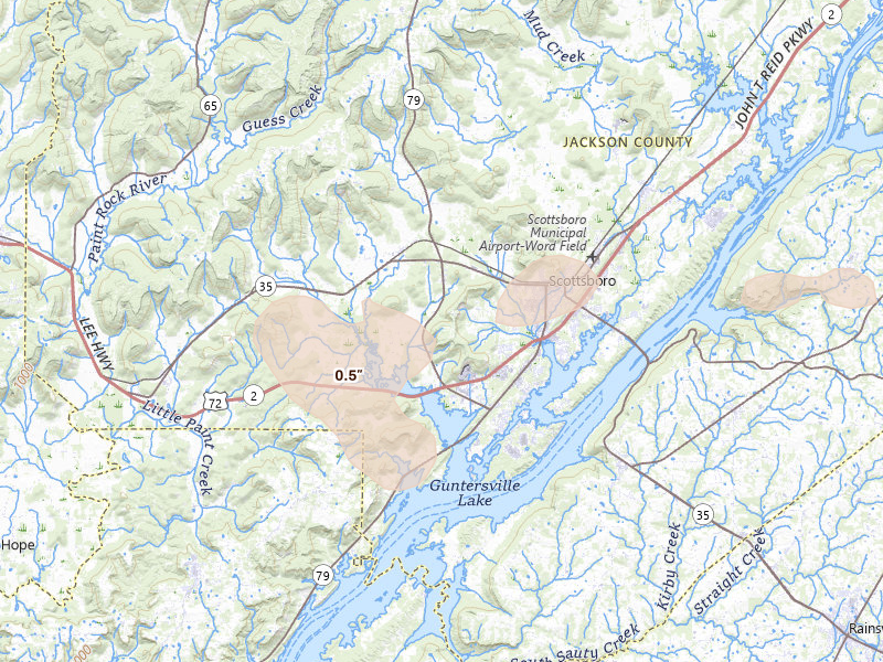 Radar-estimated hail-size map of the storm over Scottsboro, AL on Aug 17, 2026
