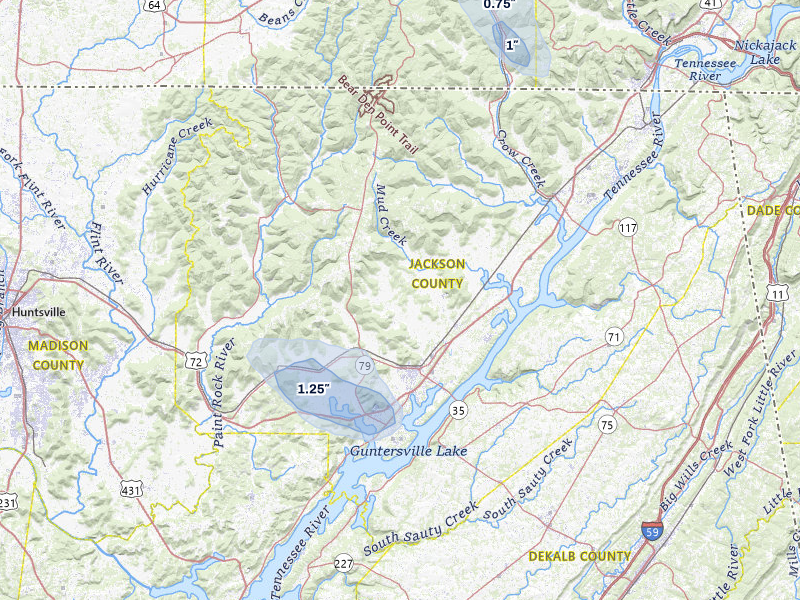 NEXRAD radar-signature map of the hail storm over Scottsboro, AL on Aug 17, 2026