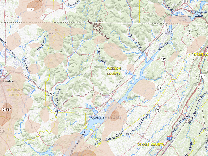 Radar-estimated hail-size map of the storm over Scottsboro, AL on Aug 20, 2026