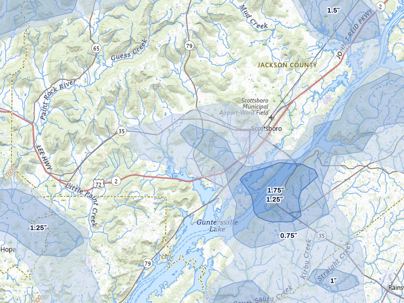 NEXRAD radar-signature map of the hail storm over Scottsboro, AL on Aug 20, 2026