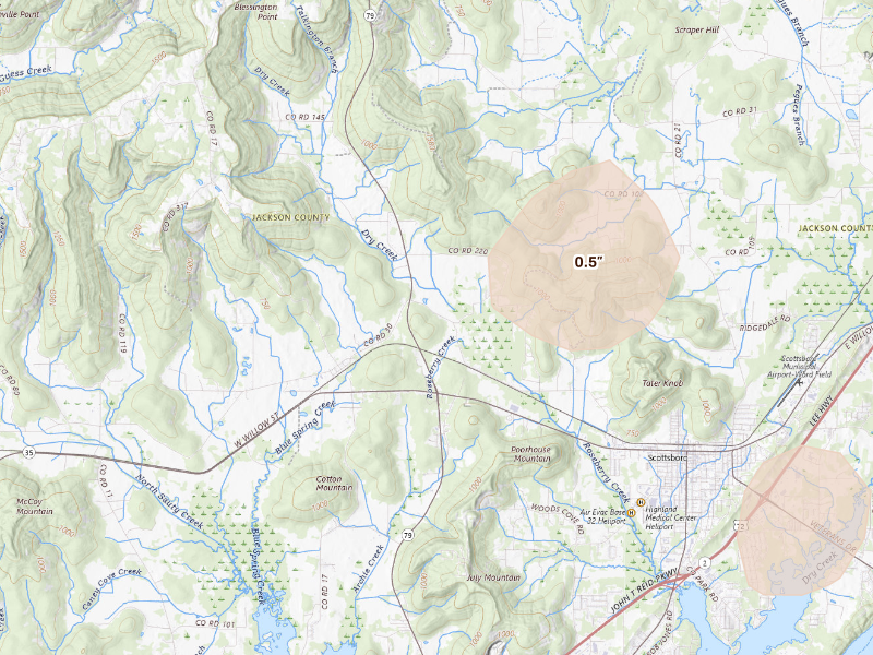 Radar-estimated hail-size map of the storm over Scottsboro, AL on Sep 5, 2026