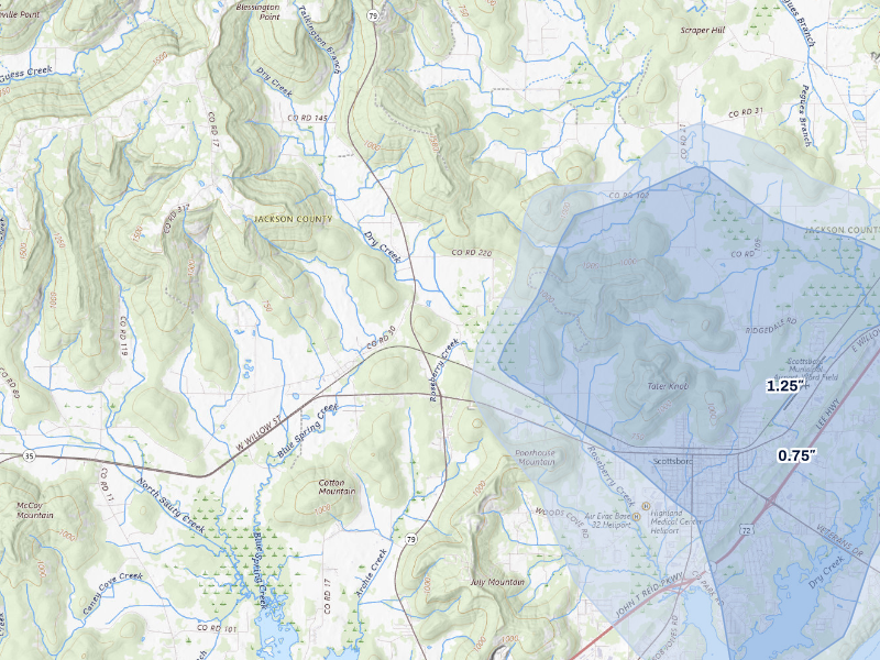 NEXRAD radar-signature map of the hail storm over Scottsboro, AL on Sep 5, 2026