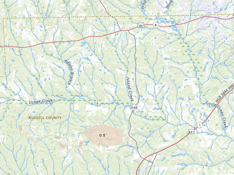 Radar-estimated hail-size map of the storm over Seale, AL on Jun 20, 2026