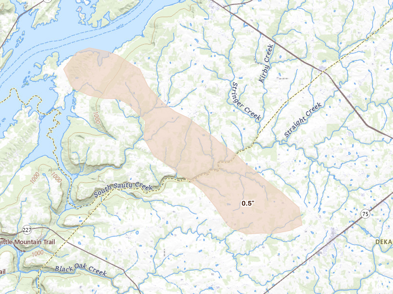 Radar-estimated hail-size map of the storm over Section, AL on Apr 25, 2026