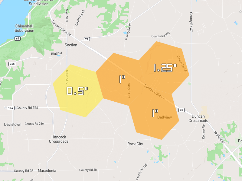 Hail map of Section, AL on Jul 1, 2026, hail up to 1.25"