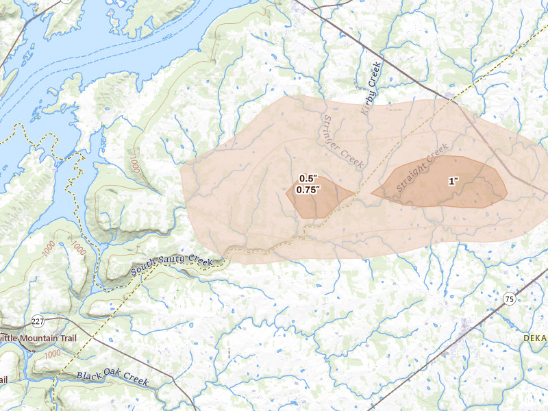 Radar-estimated hail-size map of the storm over Section, AL on Aug 7, 2026