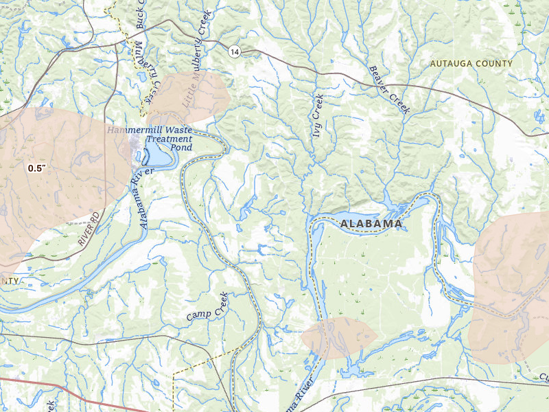Radar-estimated hail-size map of the storm over Selma, AL on May 6, 2026