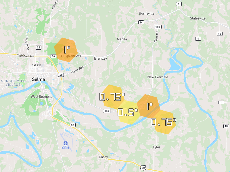 Hail map of Selma, AL on Jun 1, 2026, hail up to 1"