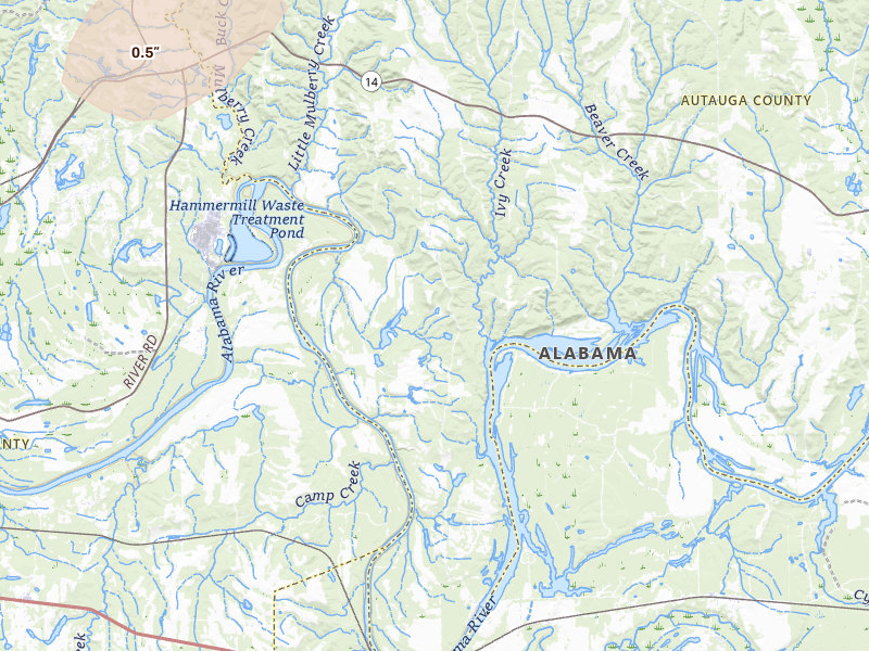 Radar-estimated hail-size map of the storm over Selma, AL on Jul 1, 2026