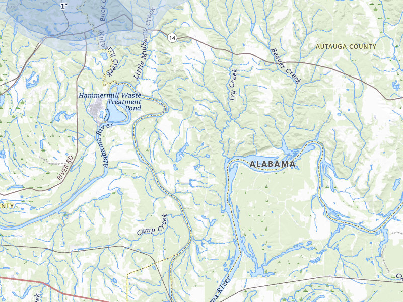 NEXRAD radar-signature map of the hail storm over Selma, AL on Jul 1, 2026