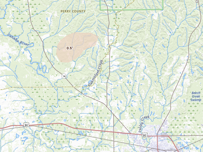 Radar-estimated hail-size map of the storm over Selma, AL on Aug 8, 2026