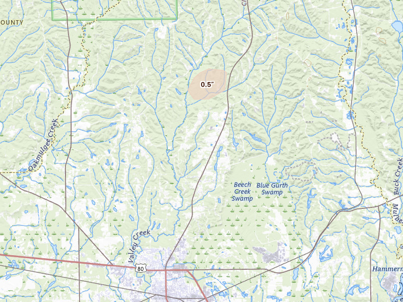 Radar-estimated hail-size map of the storm over Selma, AL on Aug 14, 2026