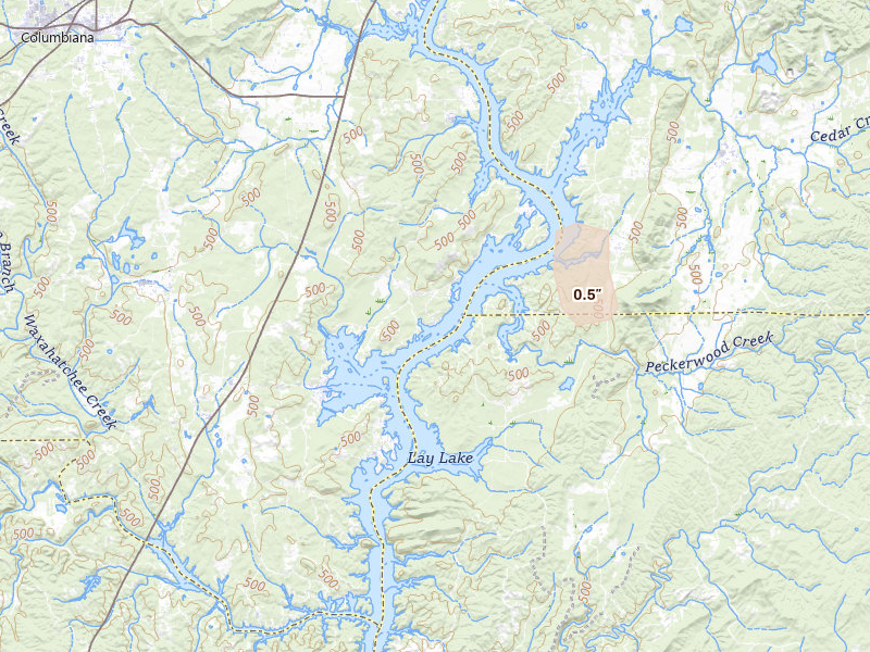 Radar-estimated hail-size map of the storm over Shelby, AL on May 31, 2026
