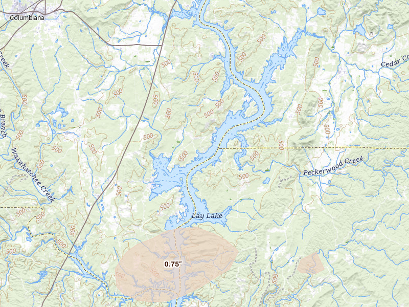Radar-estimated hail-size map of the storm over Shelby, AL on Jul 9, 2026
