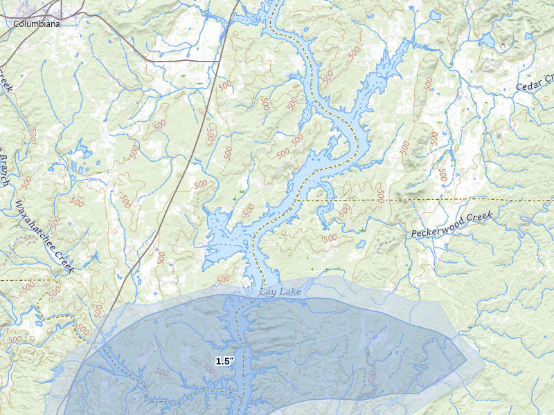 NEXRAD radar-signature map of the hail storm over Shelby, AL on Jul 9, 2026