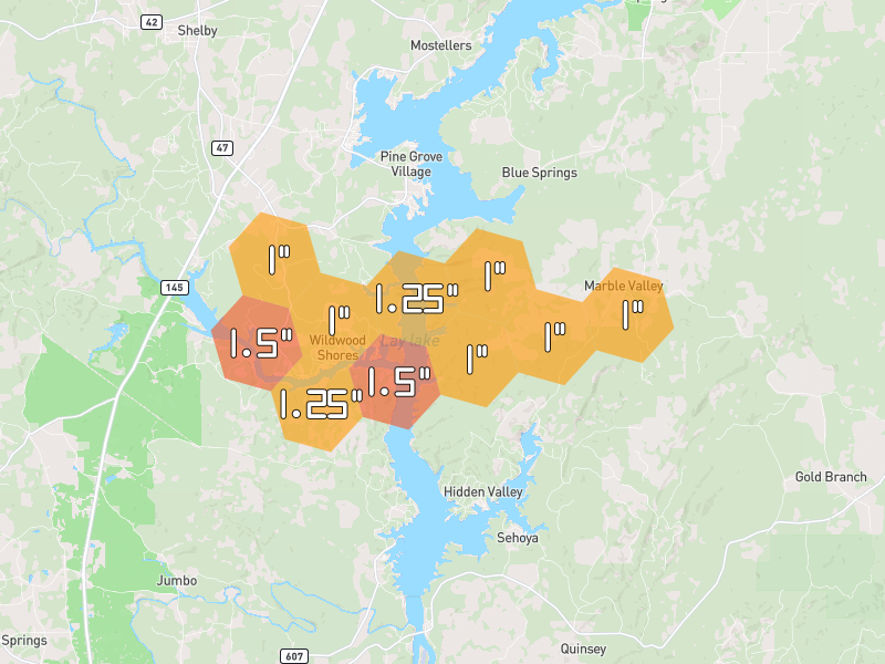 Hail map of Shelby, AL on Jul 9, 2026, hail up to 1.5"