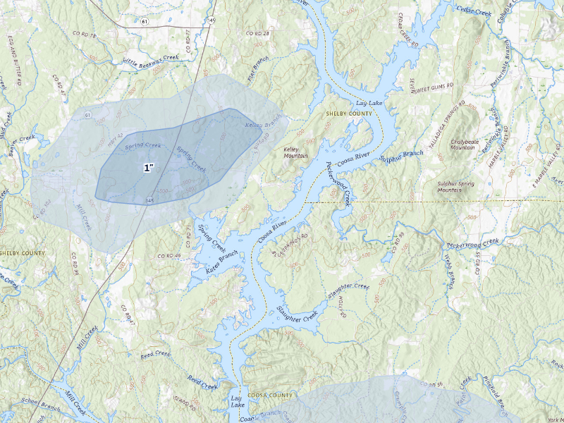NEXRAD radar-signature map of the hail storm over Shelby, AL on Aug 20, 2026