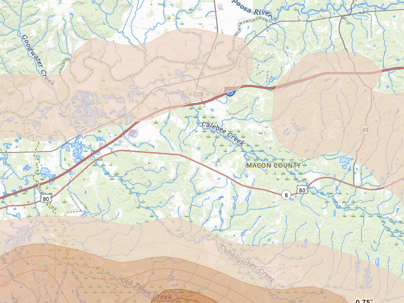 Radar-estimated hail-size map of the storm over Shorter, AL on May 6, 2026