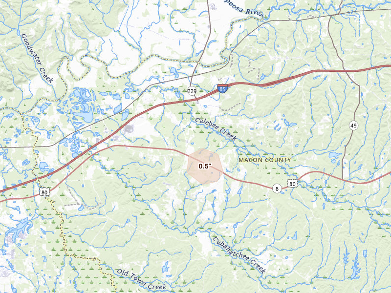 Radar-estimated hail-size map of the storm over Shorter, AL on Jun 1, 2026