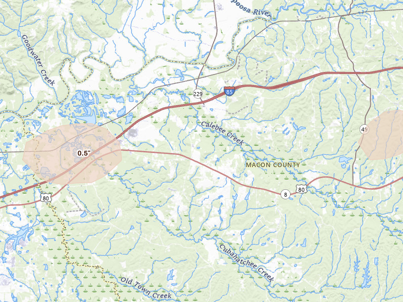 Radar-estimated hail-size map of the storm over Shorter, AL on Jul 9, 2026