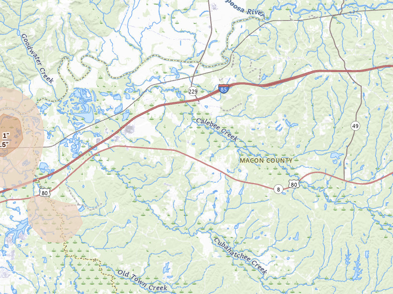Radar-estimated hail-size map of the storm over Shorter, AL on Jul 17, 2026