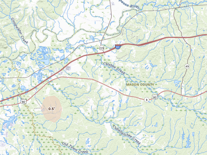 Radar-estimated hail-size map of the storm over Shorter, AL on Jul 18, 2026