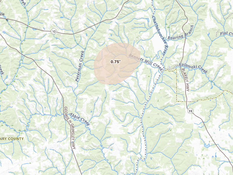 Radar-estimated hail-size map of the storm over Shorterville, AL on Jul 10, 2026