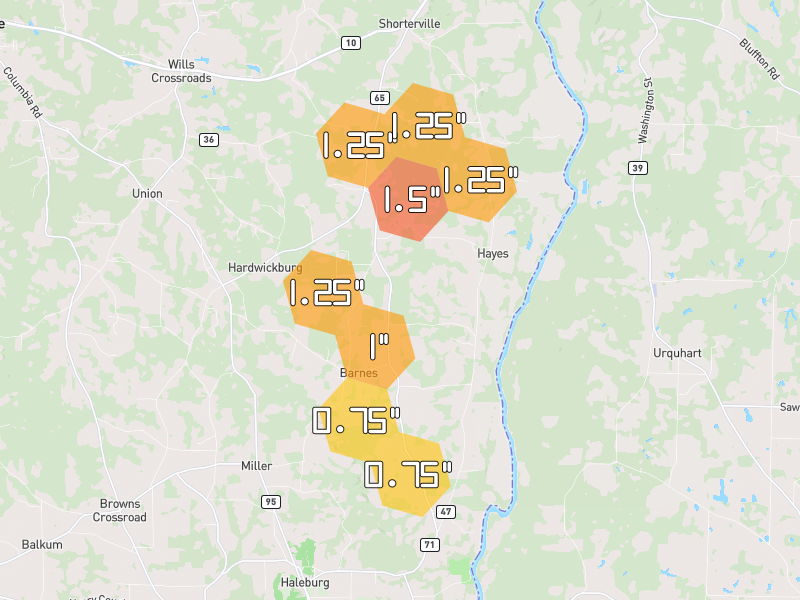 Hail map of Shorterville, AL on Jul 10, 2026, hail up to 1.5"