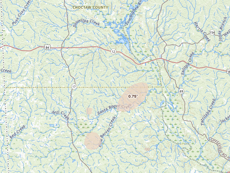 Radar-estimated hail-size map of the storm over Silas, AL on May 23, 2026