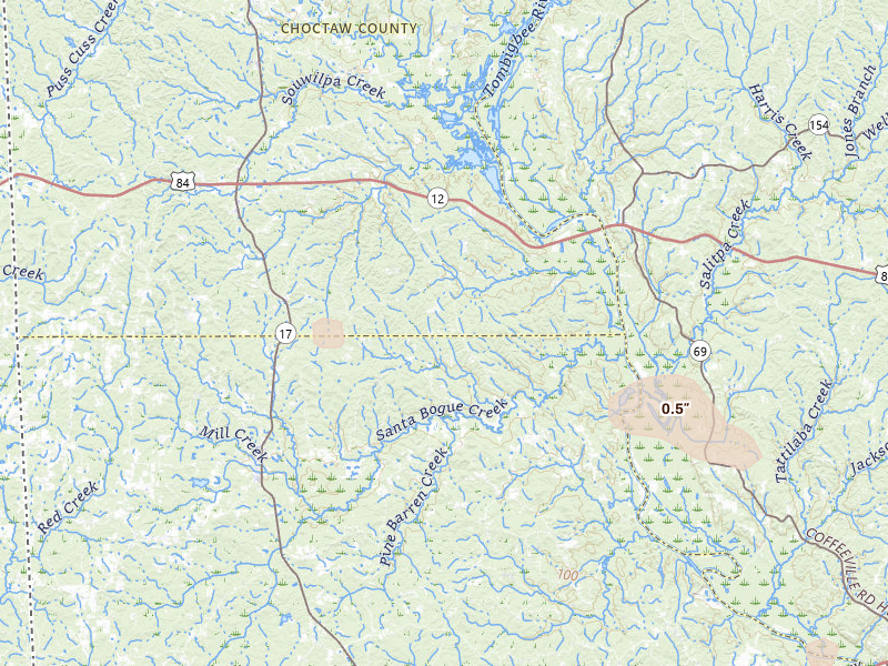 Radar-estimated hail-size map of the storm over Silas, AL on Jun 19, 2026