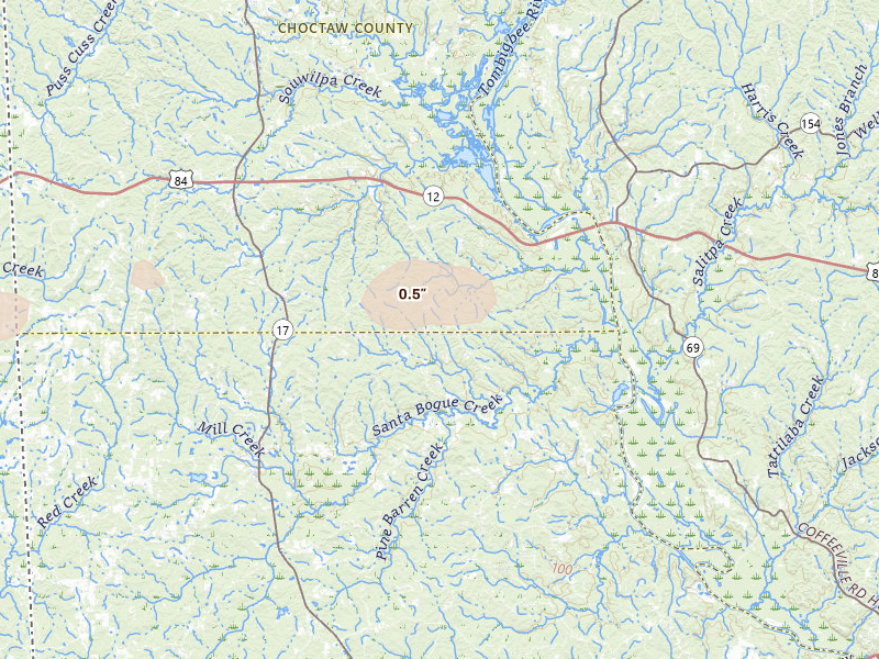 Radar-estimated hail-size map of the storm over Silas, AL on Jul 12, 2026