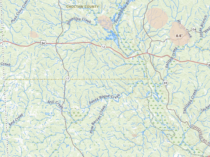 Radar-estimated hail-size map of the storm over Silas, AL on Jul 31, 2026