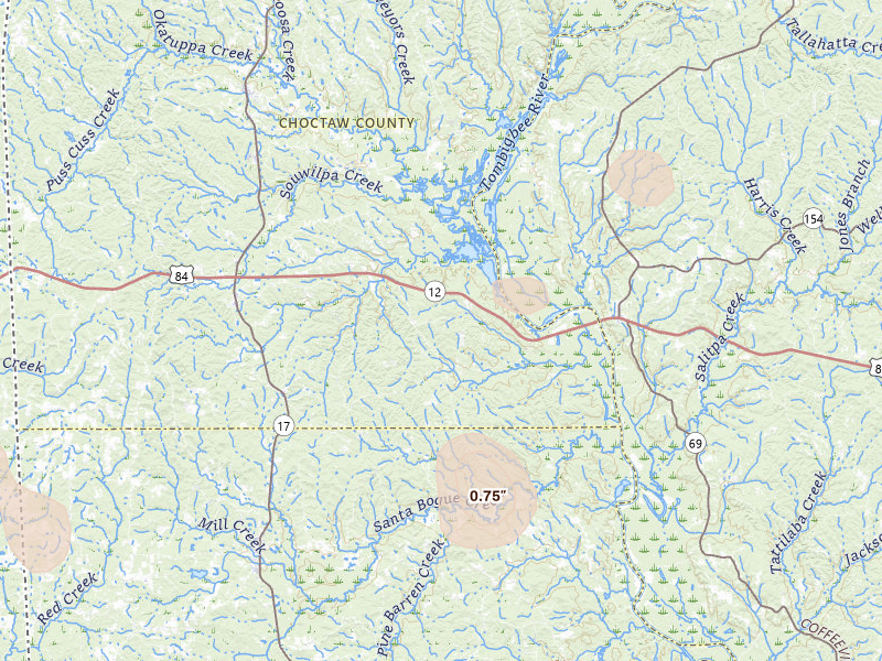 Radar-estimated hail-size map of the storm over Silas, AL on Aug 18, 2026