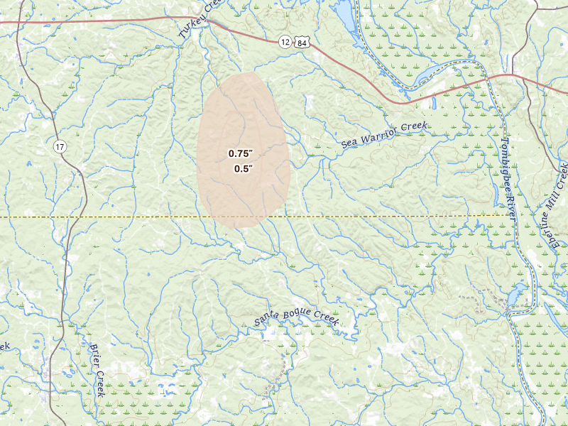Radar-estimated hail-size map of the storm over Silas, AL on Aug 19, 2026