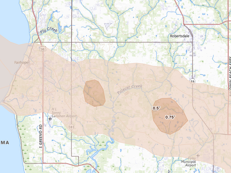 Radar-estimated hail-size map of the storm over Silverhill, AL on May 7, 2026