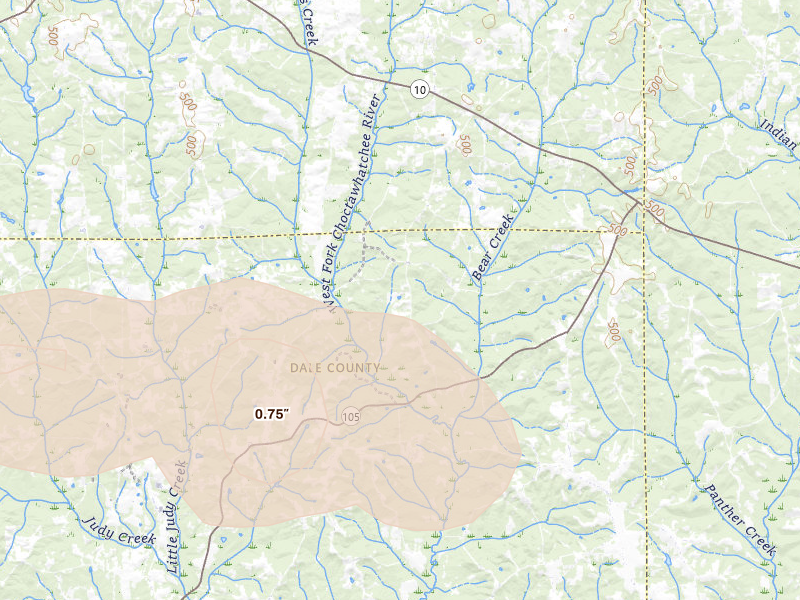 Radar-estimated hail-size map of the storm over Skipperville, AL on Feb 21, 2026