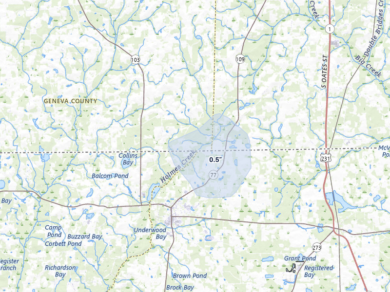 NEXRAD radar-signature map of the hail storm over Slocomb, AL on Mar 5, 2026