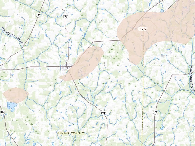 Radar-estimated hail-size map of the storm over Slocomb, AL on Aug 21, 2026