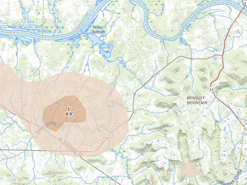 Radar-estimated hail-size map of the storm over Somerville, AL on Jun 1, 2026