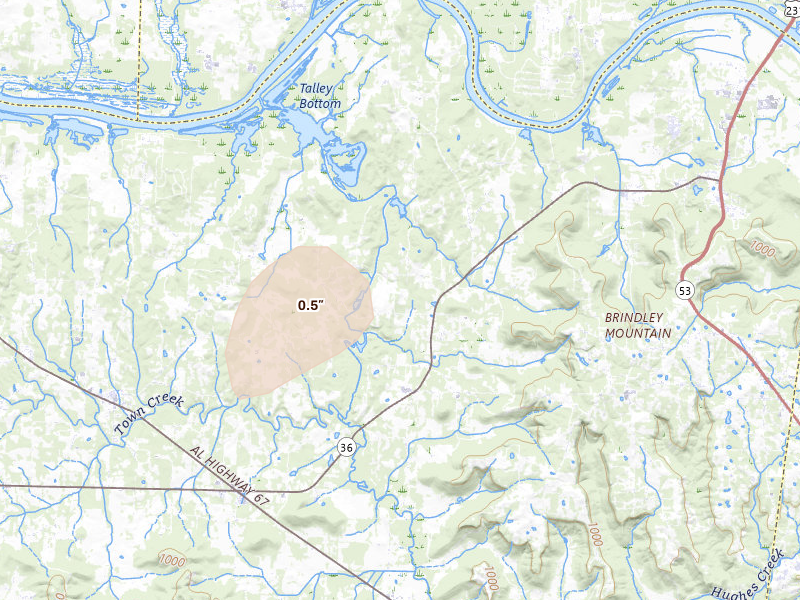 Radar-estimated hail-size map of the storm over Somerville, AL on Jun 8, 2026