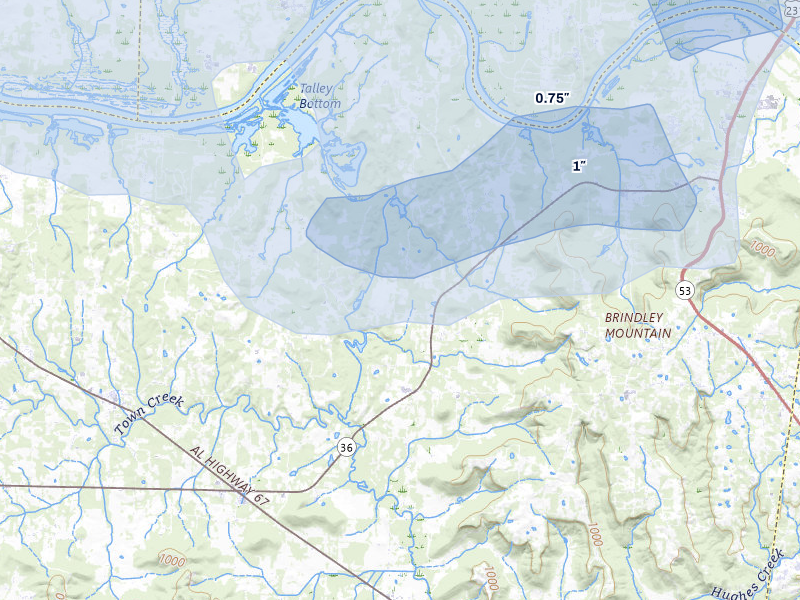 NEXRAD radar-signature map of the hail storm over Somerville, AL on Jul 1, 2026
