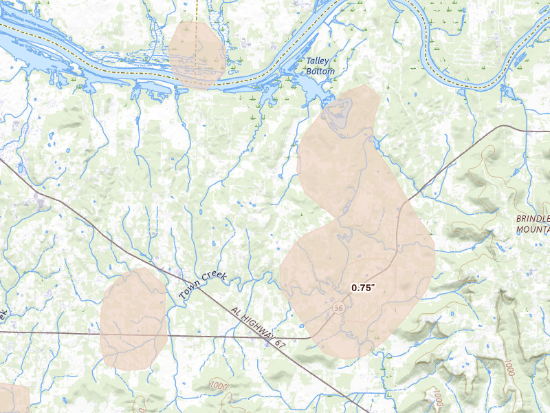 Radar-estimated hail-size map of the storm over Somerville, AL on Aug 7, 2026