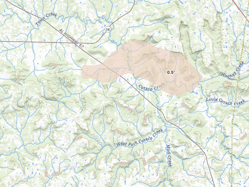Radar-estimated hail-size map of the storm over Somerville, AL on Aug 9, 2026